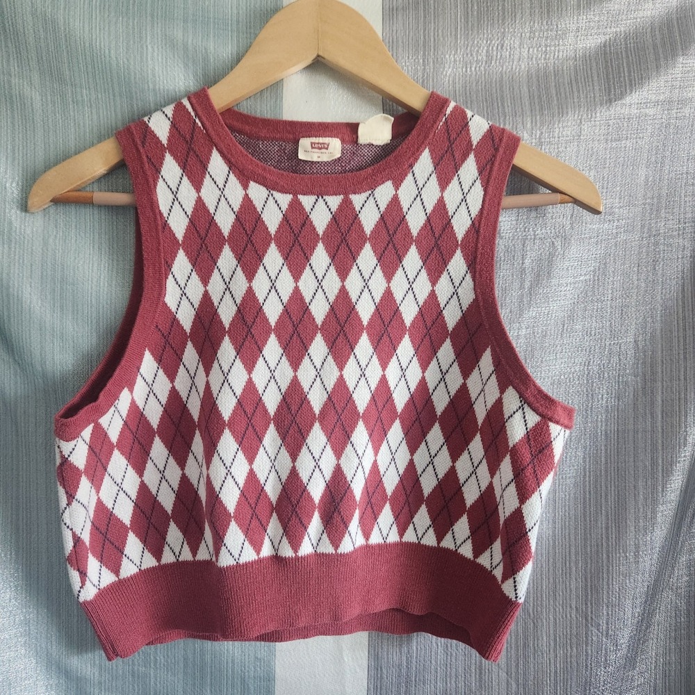 Levis Womens Argyle Sweater Vest Burgundy Red Cotton Knit M Academia Preppy 90s